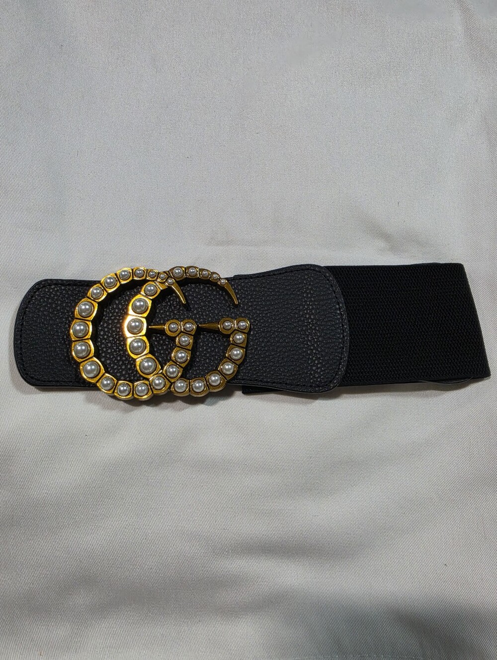 Black Elastic Stretch Women's Waist Belt with Gold Buckle